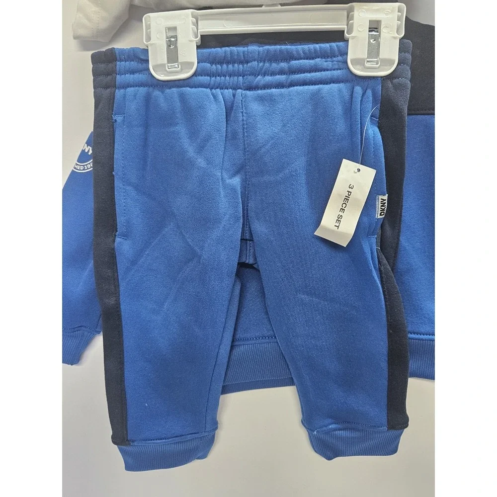 DKNY  12M, Set‎ Of 3, Blue Pull Over Hoodie/Blue Pants/ Crew Neck White T Shirt